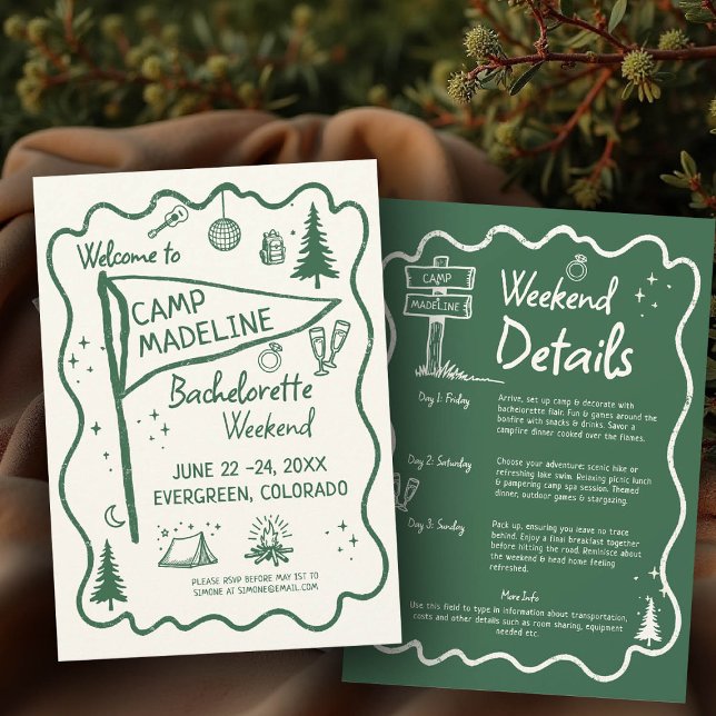 Camp Bachelorette Green Pennant Camping Itinerary Invitation (camp bachelorette invitation itinerary camping hiking mountains bach glamping hand drawn pennant)