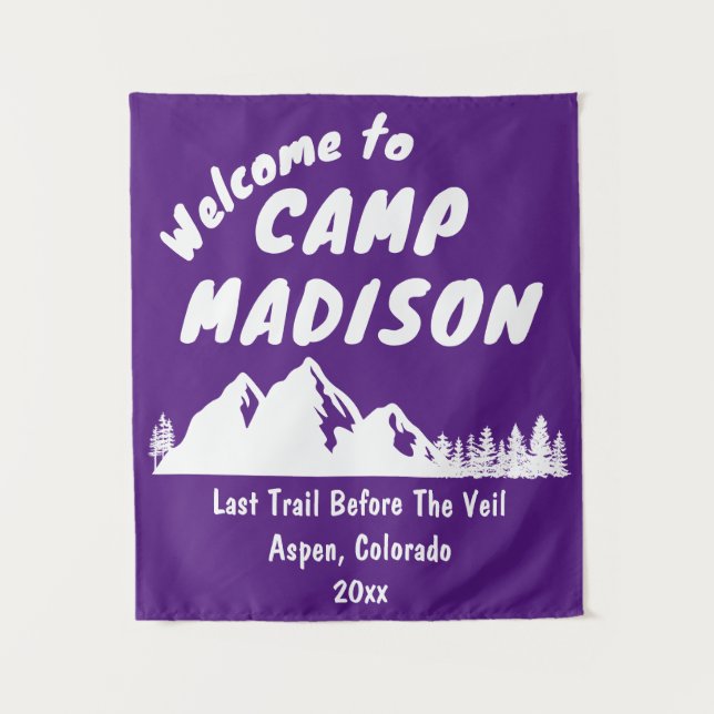 Camp Bachelorette Mountain Party Purple Prop Sign Tapestry (Front)