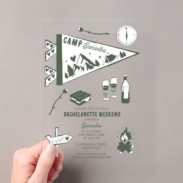 Camp Bachelorette Party Camping Bach Weekend Acrylic Invitations (Insitu (Handheld))