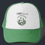 Camp Bachelorette Party Camping Bach Weekend Trucker Hat<br><div class="desc">A cute hand drawn design featuring bachelorette camping theme illustrations. This green and white camp bach weekend design is ideal for glamping camping bachelorette weekends,  camping girls trip bachelorette parties in mountain,  forest or lake locations.</div>