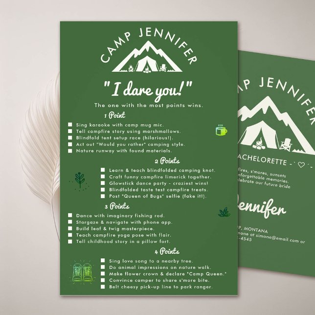 Camp Bachelorette Party Game Dare Forest Green Flyer (camp bachelorette party forest green game dare you)