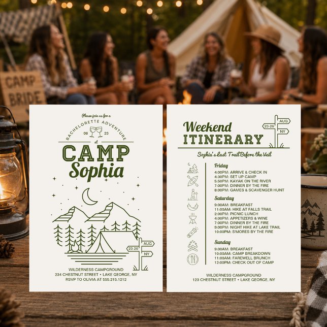 Camp Bachelorette Party Itinerary Camping Invitation (Creator Uploaded)