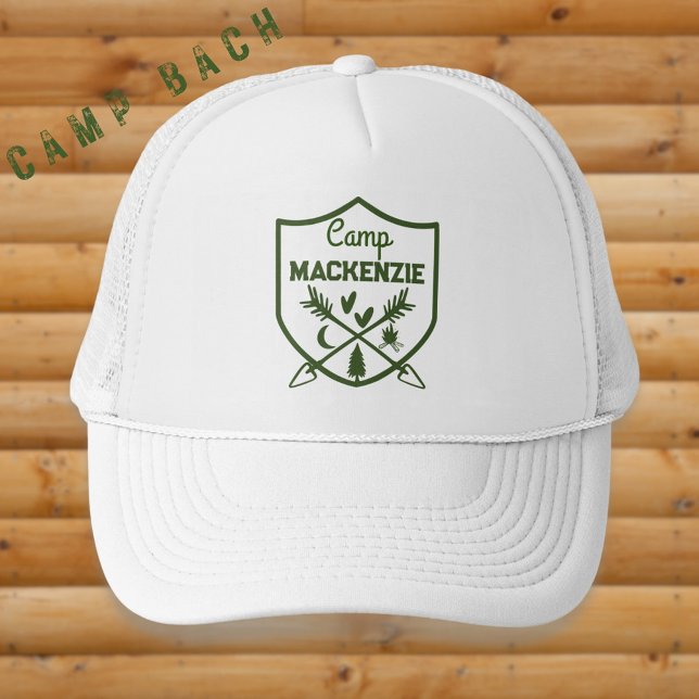 Camp Bachelorette Retro Badge Personalised Trucker Hat (Official Camp Bride logo with a shield and arrows. Hearts, campfire, tree, and moon. A charming cap.)