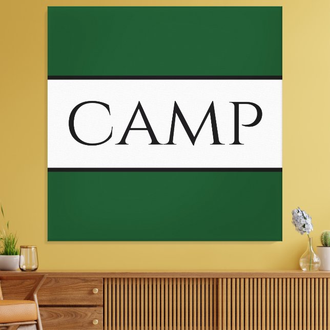 CAMP Bold Colourful Dark Green White Stripes Text Canvas Print (Insitu(LivingRoom))