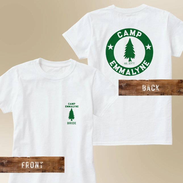 Camp Bride Personalised Front and Back Print Bach T-Shirt (Camp Bride t-shirt with front and back print. Personalize one for each camper at your Camp Bach)