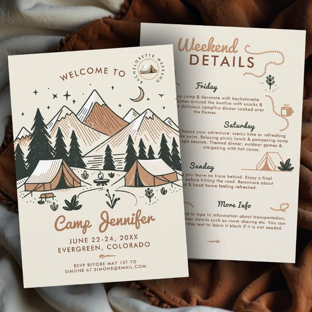 Camp Camping Bach Stamp 3-Day Bachelorette Party Invitation (camp bachelorette invitation itinerary earthy terracotta bach camping glamping 3-day weekend)