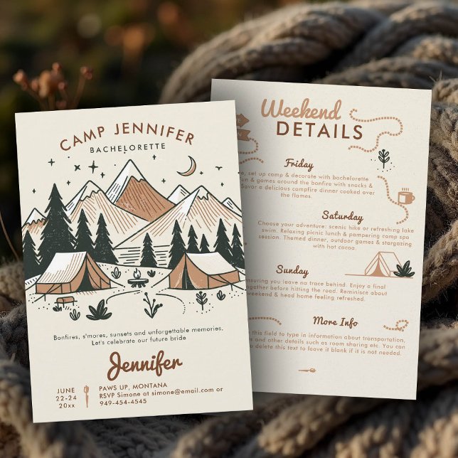 Camp Camping Glamping 3-Day Bachelorette Party Invitation (camp bachelorette invitation itinerary earthy terracotta hand drawn bach camping glamping)