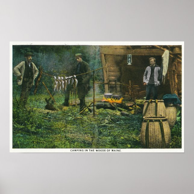 Camp Ground Scene of Men Camping in Maine Poster (Front)