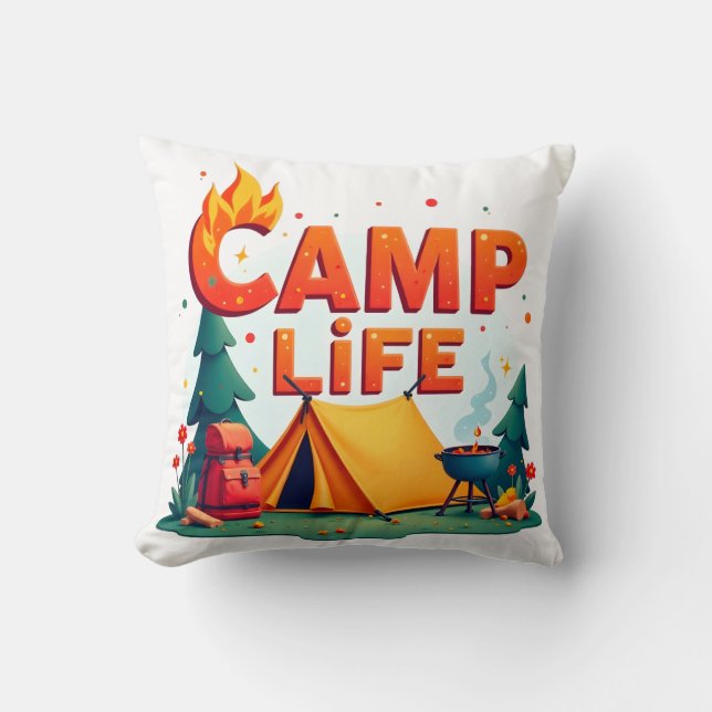 Camp Life – Vibrant Camping Adventure Pillow (Front)