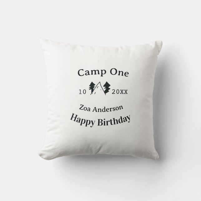 Camp one happy birthday name date campingadventure cushion (Front)