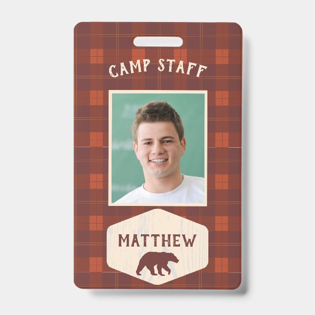Camp Staff Rustic Flannel and Bear Photo ID Badge (Front)