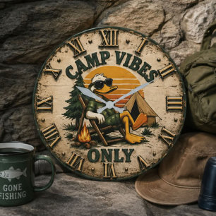 Camp Vibes Only Funny Camping Duck Rustic Outdoor Large Clock