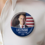 Campaign Photo with colour block - Blue and White 6 Cm Round Badge<br><div class="desc">This simple template includes a place for one horizontal photo and a curved blue colour area with classic fonts. This traditional design works great for a city council campaign or local school board. Are you looking for election materials that you can use for a city election? This design is easy...</div>