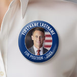 Campaign Photo with curved type - Blue and White 6 Cm Round Badge<br><div class="desc">This modern, minimal design includes a place for one square photo and blue colour border with sans serif fonts. You can add the candidate name and position or slogan. This traditional design works great for a city council campaign or local school board. Are you looking for election materials that you...</div>
