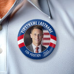 Campaign Photo with curved type - Red White Blue 6 Cm Round Badge<br><div class="desc">This modern, minimal design includes a place for one square photo and red white and blue border with sans serif fonts. You can add the candidate name and position or slogan. This traditional design works great for a city council campaign or local school board. Are you looking for election materials...</div>