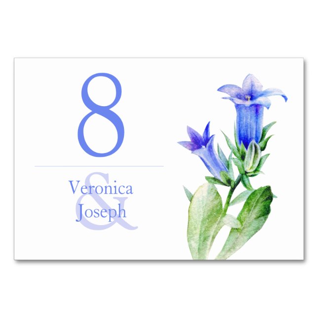 Campanula blue wildflower wedding table card (Back)