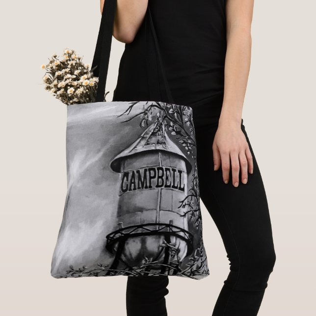 Campbell CA Water Tower Brushed Polyester Tote (Close Up)