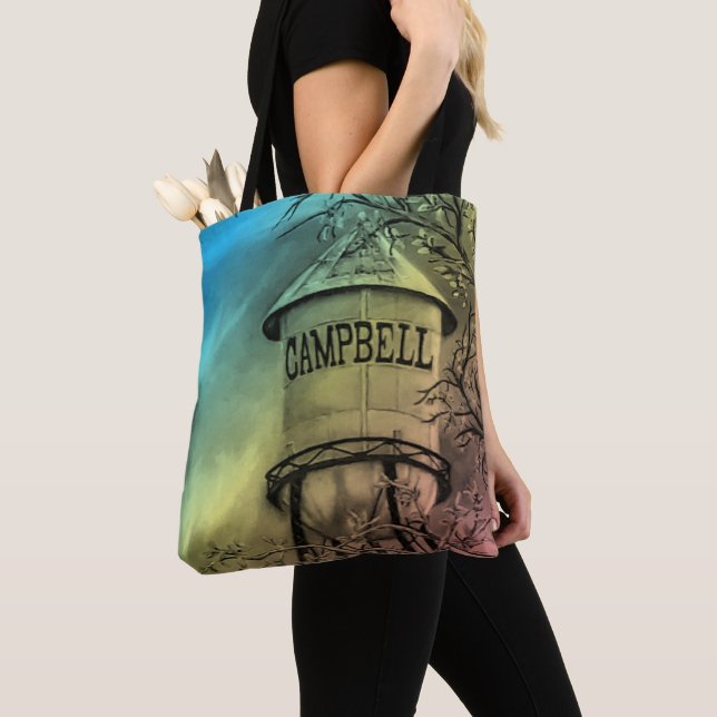 Campbell CA Water Tower Brushed Polyester Tote Bag (Close Up)