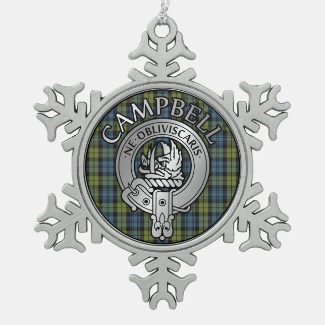 Campbell Crest & Tartan Snowflake Pewter Christmas Ornament (Front)