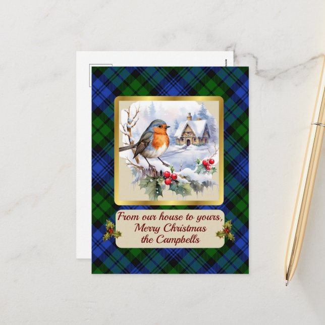 Campbell Crest & Tartan w/Robin Holiday Postcard (Front/Back In Situ)