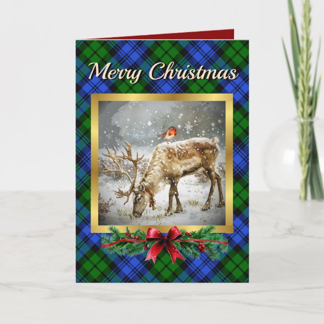 Campbell Stag & Robin Tartan Personalised  Holiday Card (Front)