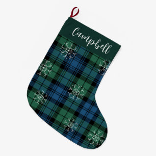Campbell Tartan Green Blue Snowflakes Rustic Plaid Large Christmas Stocking
