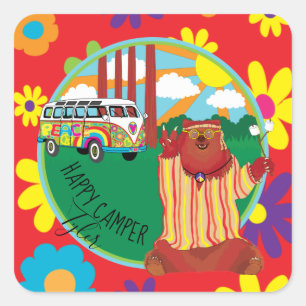 Camper Bear Flower Stickers Square