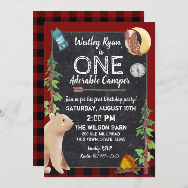 Camper Buffalo Plaid 1st Birthday Camping Invitation (Front/Back)
