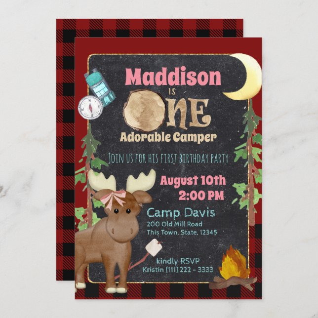 Camper Buffalo Plaid 1st Birthday Camping Invitation (Front/Back)