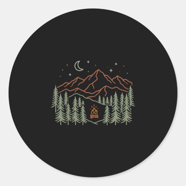 Camper campfire trees hiking camping performance  classic round sticker (Front)