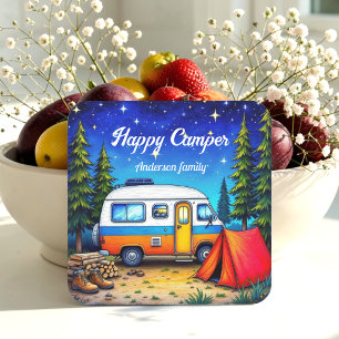 Camper Camping Blue Green Nature Watercolor Square Paper Coaster