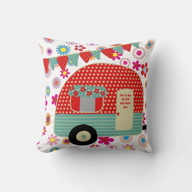 Camper Caravan Sayings Retro Red Green Custom Cushion (Front)