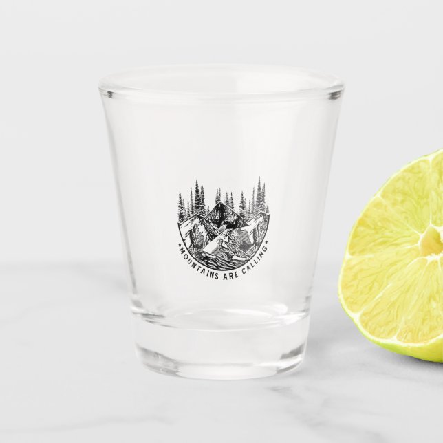 Camper Gift | Mountains Are Calling Birthday Shot Glass (Front)