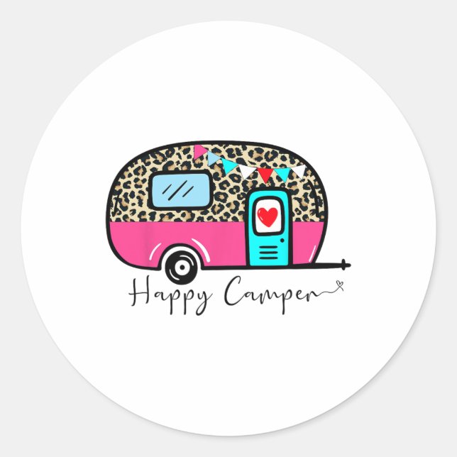 Camper Happy Summer Camp Camping Leopard Funny Gla Classic Round Sticker (Front)