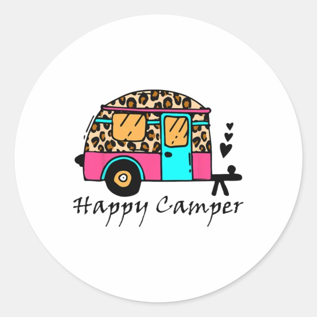 Camper Happy Summer Camp Camping Leopard Funny Gla Classic Round Sticker (Front)