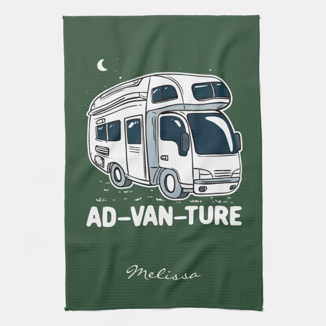 Camper Van Camping Adventure Tea Towel (Vertical)