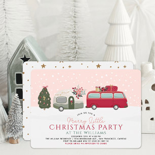 Camper Van Pink Merry Little Christmas Party Invitation