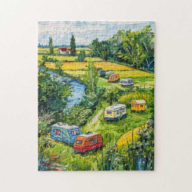 Camper Vans by Tulip Fields Fantasy Painting Jigsaw Puzzle (Vertical)