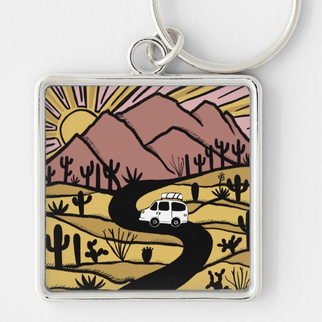 Campervan Desert Mountains Vanlife RV Sunrise Key Ring (Front)