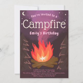 Campfire adventure girls birthday party invitation