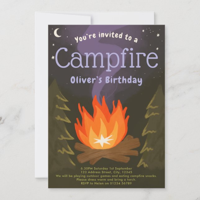Campfire adventure kids birthday party invitation (Front)
