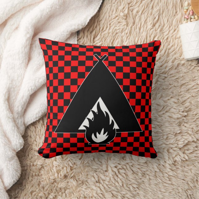 Campfire and Tent on Red and Black Checkerboard Cushion (Blanket)