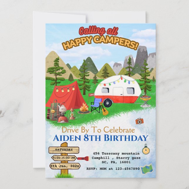 CAMPFIRE BIRTHDAY BASH, CAMPING ON MOUNTAINS  INVITATION (Front)