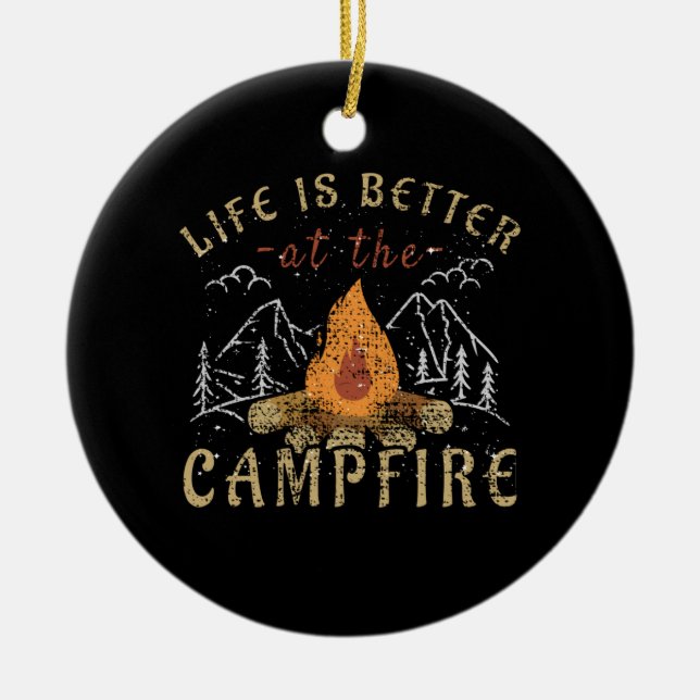 Campfire Camping Design Ceramic Tree Decoration (Front)