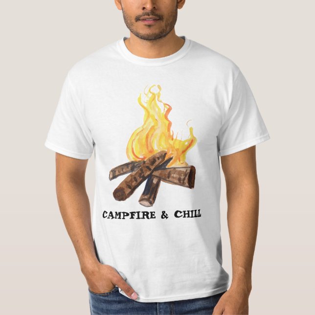 CAMPFIRE & CHILL Camping Bonfire Watercolor T-Shirt (Front)