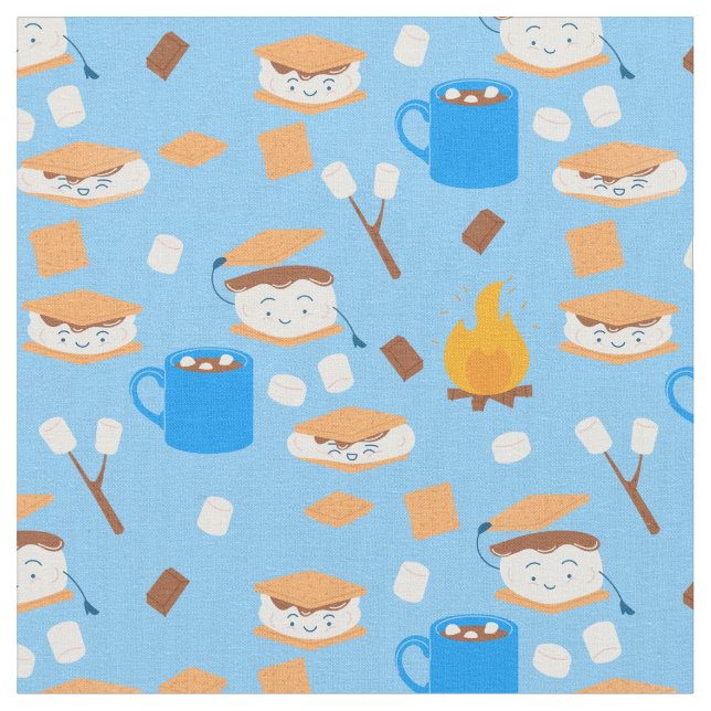 campfire marshmallow chocolate smores blue fabric (Close Up)