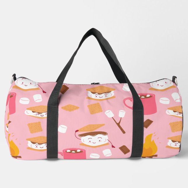 campfire marshmallow chocolate smores pink duffle bag (Front)