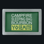 Campfire Sleeping Bag Bourbon Yosemite Rectangular Belt Buckle<br><div class="desc">What else do you need in life?  The outdoor life is calling you in Yosemite!</div>