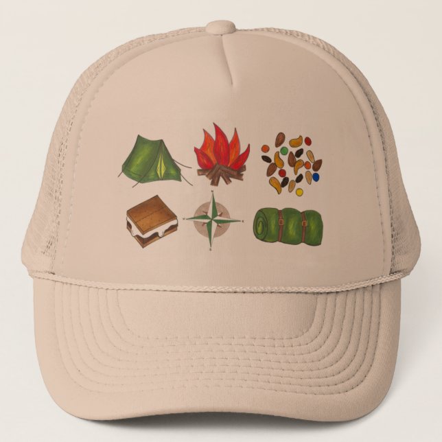 Campfire Sleeping Bag Tent Compass Camping Camp Trucker Hat (Front)