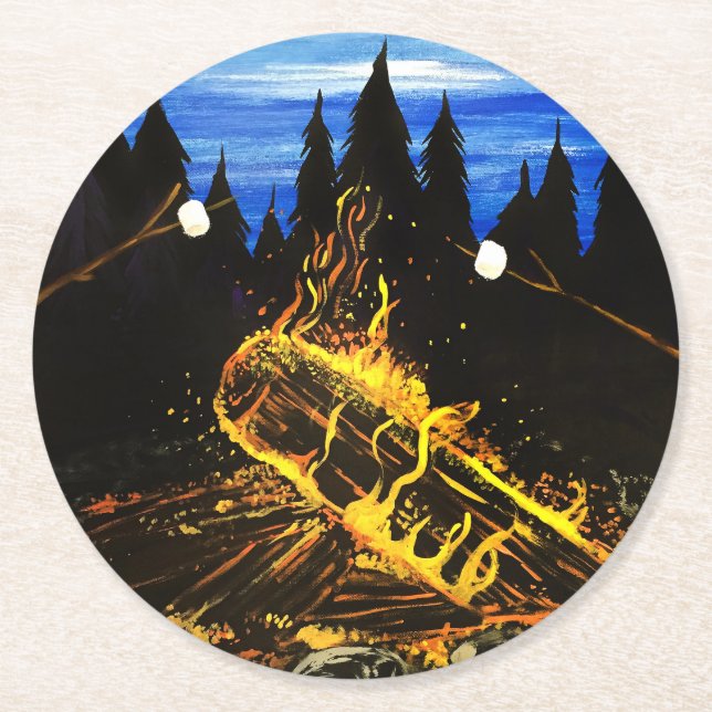 Campfire Sunset Wilderness Scene for Cosy Camping  Round Paper Coaster (Front)